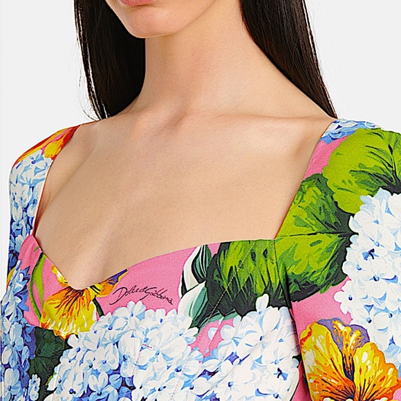 Hydrangea Print Long Sleeve Cady Midi Dress DOLCE&GABBANA - Picture 3 of 15